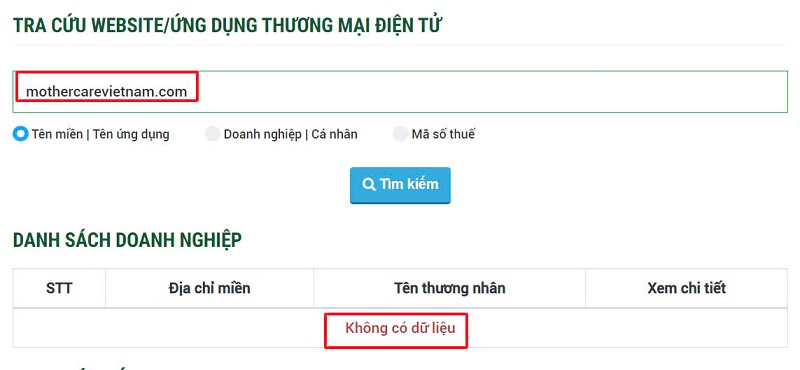 tra cứu website đã đăng ký với bộ công thương